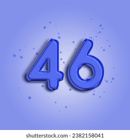 Anniversary number 46 foil blue balloon. Happy birthday, congratulations poster. Blue balloon number with glitter stars decoration. Vector background