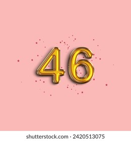 Anniversary number 46 foil gold balloon. Gold number with star confetti. Happy birthday, congratulations poster. Vector background.