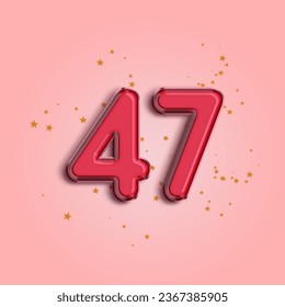 Anniversary number 47 foil pink balloon. Happy birthday, congratulations poster. Pink balloon number with glitter stars decoration. Vector background.