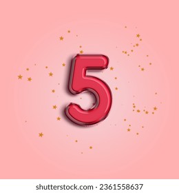 Anniversary number 5 foil pink balloon. Happy birthday, congratulations poster. Pink balloon number with glitter stars decoration. Vector background.