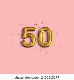 Anniversary number 50 foil gold balloon. Gold number with star confetti. Happy birthday, congratulations poster. Vector background.