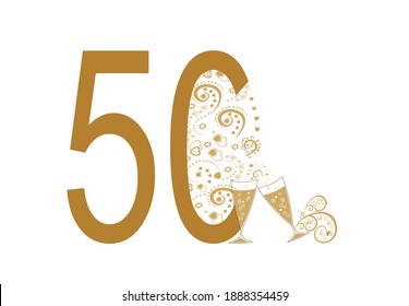 Anniversary number 50 with wedding elements and champagne glasses.
Gold color logo with decorative elements. Template for the design of a festive event, wedding, greeting card and invitation
