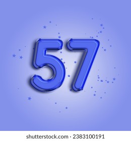 Anniversary number 57 foil blue balloon. Happy birthday, congratulations poster. Blue balloon number with glitter stars decoration. Vector background