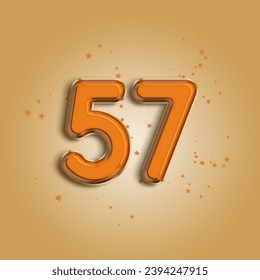 Anniversary number 57 foil orange balloon. Happy birthday, congratulations poster. Orange balloon number with glitter stars decoration. Vector background