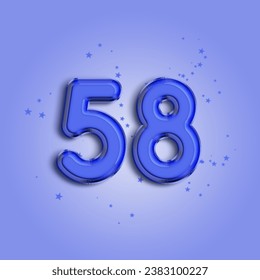 Anniversary number 58 foil blue balloon. Happy birthday, congratulations poster. Blue balloon number with glitter stars decoration. Vector background