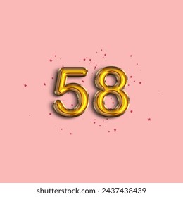Anniversary number 58 foil gold balloon. Gold number with star confetti. Happy birthday, congratulations poster. Vector background.