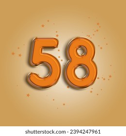 Anniversary number 58 foil orange balloon. Happy birthday, congratulations poster. Orange balloon number with glitter stars decoration. Vector background