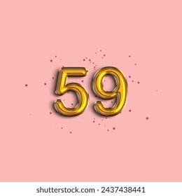 Anniversary number 59 foil gold balloon. Gold number with star confetti. Happy birthday, congratulations poster. Vector background.