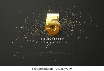 Anniversary number 5th design in shiny gold. With a sprinkling of luxurious and shiny gold glitter. Premium vector background design for celebrations.