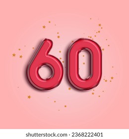 Anniversary number 60 foil pink balloon. Happy birthday, congratulations poster. Pink balloon number with glitter stars decoration. Vector background.