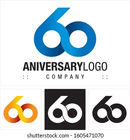 Anniversary (Number 60) Vector Symbol Company Logo. Infinite Symbol (Unlimited) Style Logotype. Number logo icon illustration. Elegant Identity Concept Design Idea Template (Branding). 