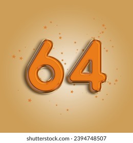 Anniversary number 64 foil orange balloon. Happy birthday, congratulations poster. Orange balloon number with glitter stars decoration. Vector background
