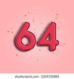 Anniversary number 64 foil pink balloon. Happy birthday, congratulations poster. Pink balloon number with glitter stars decoration. Vector background