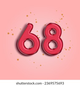Anniversary number 68 foil pink balloon. Happy birthday, congratulations poster. Pink balloon number with glitter stars decoration. Vector background