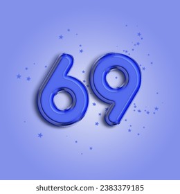 Anniversary number 69 foil blue balloon. Happy birthday, congratulations poster. Blue balloon number with glitter stars decoration. Vector background