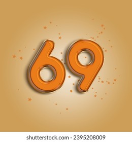 Anniversary number 69 foil orange balloon. Happy birthday, congratulations poster. Orange balloon number with glitter stars decoration. Vector background