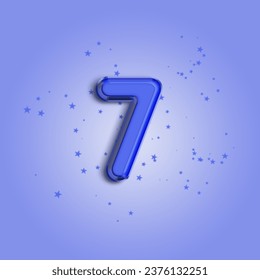 Anniversary number 7 foil blue balloon. Happy birthday, congratulations poster. Blue balloon number with glitter stars decoration. Vector background