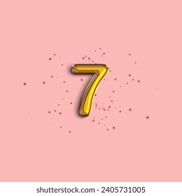 Anniversary number 7 foil gold balloon. Gold number with star confetti. Happy birthday, congratulations poster. Vector background.