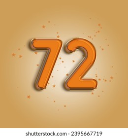 Anniversary number 72 foil orange balloon. Happy birthday, congratulations poster. Orange balloon number with glitter stars decoration. Vector background