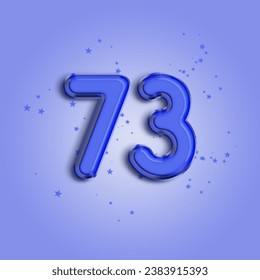 Anniversary number 73 foil blue balloon. Happy birthday, congratulations poster. Blue balloon number with glitter stars decoration. Vector background