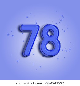 Anniversary number 78 foil blue balloon. Happy birthday, congratulations poster. Blue balloon number with glitter stars decoration. Vector background