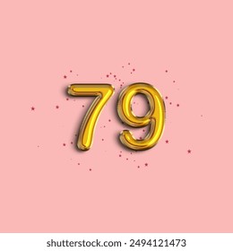 Anniversary number 79 foil gold balloon. Gold number with star confetti. Happy birthday, congratulations poster. Vector background.