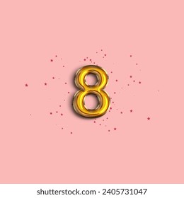 Anniversary number 8 foil gold balloon. Gold number with star confetti. Happy birthday, congratulations poster. Vector background.