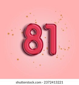 Anniversary number 81 foil pink balloon. Happy birthday, congratulations poster. Pink balloon number with glitter stars decoration. Vector background