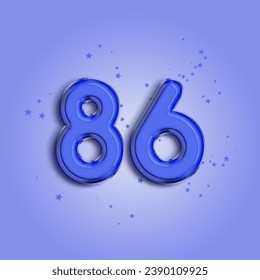 Anniversary number 86 foil blue balloon. Happy birthday, congratulations poster. Blue balloon number with glitter stars decoration. Vector background