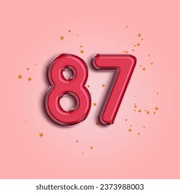 Anniversary number 87 foil pink balloon. Happy birthday, congratulations poster. Pink balloon number with glitter stars decoration. Vector background