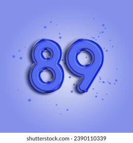 Anniversary number 89 foil blue balloon. Happy birthday, congratulations poster. Blue balloon number with glitter stars decoration. Vector background