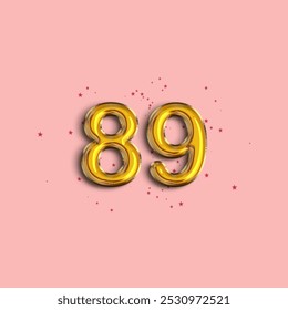 Anniversary number 89 foil gold balloon. Gold number with star confetti. Happy birthday, congratulations poster. Vector background.