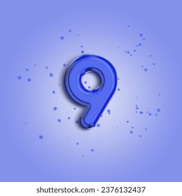 Anniversary number 9 foil blue balloon. Happy birthday, congratulations poster. Blue balloon number with glitter stars decoration. Vector background