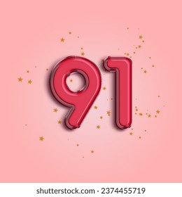 Anniversary number 91 foil pink balloon. Happy birthday, congratulations poster. Pink balloon number with glitter stars decoration. Vector background