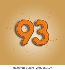 Anniversary number 93 foil orange balloon. Happy birthday, congratulations poster. Orange balloon number with glitter stars decoration. Vector background