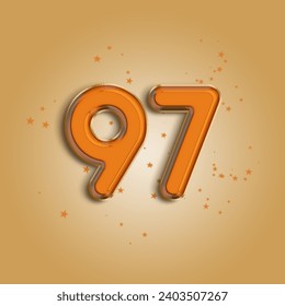 Anniversary number 97 foil orange balloon. Happy birthday, congratulations poster. Orange balloon number with glitter stars decoration. 