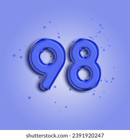 Anniversary number 98 foil blue balloon. Happy birthday, congratulations poster. Blue balloon number with glitter stars decoration. Vector background