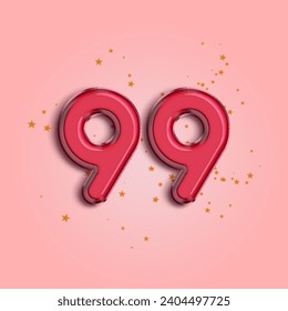 Anniversary number 99 foil pink balloon. Happy birthday, congratulations poster. Pink balloon number with glitter stars decoration. Vector background.