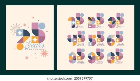 Anniversary number logo concept design featuring a modern geometric style. Includes a set of numbers with colorful fireworks and celebratory backgrounds. Perfect for milestone events, festive occasion