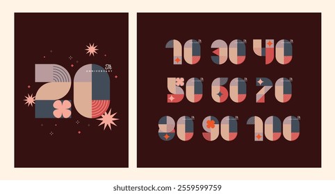 Anniversary number logo concept design featuring a modern geometric style. Includes a set of numbers with colorful fireworks and celebratory backgrounds. Perfect for milestone events, festive occasion