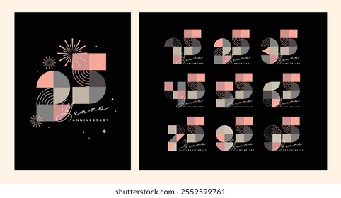 Anniversary number logo concept design featuring a modern geometric style. Includes a set of numbers with colorful fireworks and celebratory backgrounds. Perfect for milestone events, festive occasion