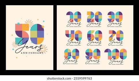 Anniversary number logo concept design featuring a modern geometric style. Includes a set of numbers with colorful fireworks and celebratory backgrounds. Perfect for milestone events, festive occasion