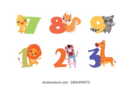Anniversary Numbers with Cute Animals Set, Duckling, Squirrel, Raccoon, Lion, Zebra, Giraffe Cartoon Style Vector Illustration