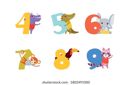 Anniversary Numbers with Cute Animals Set, Hippo, Crocodile, Elephant, Monkey, Toucan, Raccoon Cartoon Style Vector Illustration