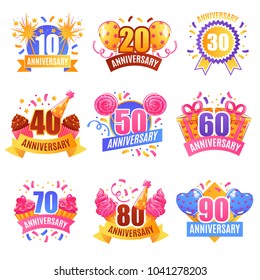 Anniversary numbers for presents decoration cake tops 9 festive images collection with sparkling lights isolated vector illustration 