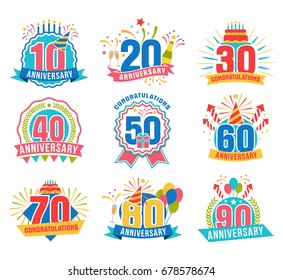 Anniversary numbers set. Festive compositions and greeting, with firework and stars for poster and card decor. Flat style vector illustration isolated on white background. Birthday badges with ribbon svg