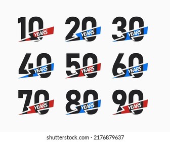 Anniversary numbers with spark ribbon icon set, jubilee years graphic design for congratulation and invitation card, birthday poster, banner, logo. Vector illustration