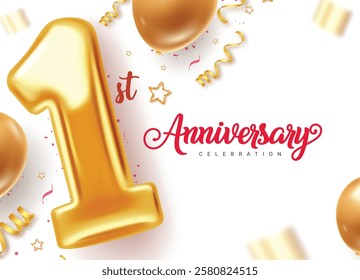 Anniversary one year clipart background design. One year anniversary celebration greeting text clip art with number 1 metallic gold balloon elements. Vector illustration elegant invitation card 