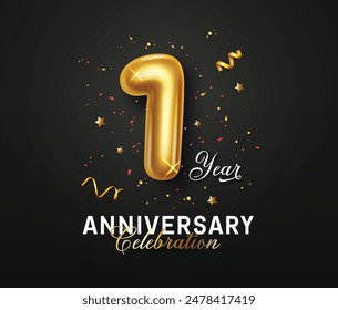 Anniversary one year vector background design. One year anniversary celebration greeting with number 1 gold balloon and confetti elements for invitation card elegant design. Vector illustration 