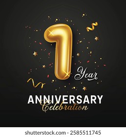 Anniversary one year vector background design. One year anniversary celebration greeting with number 1 gold balloon and confetti elements for invitation card elegant design.